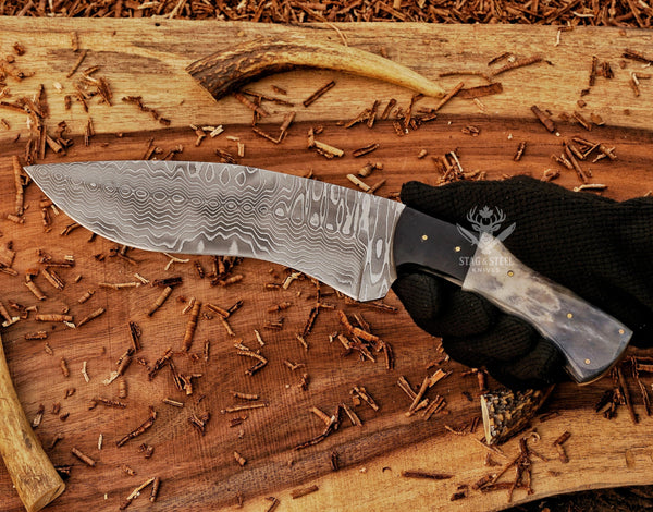 Unique Damascus Bowie Knife – Tinted Bone Handle | Collector’s Gift for Outdoorsman