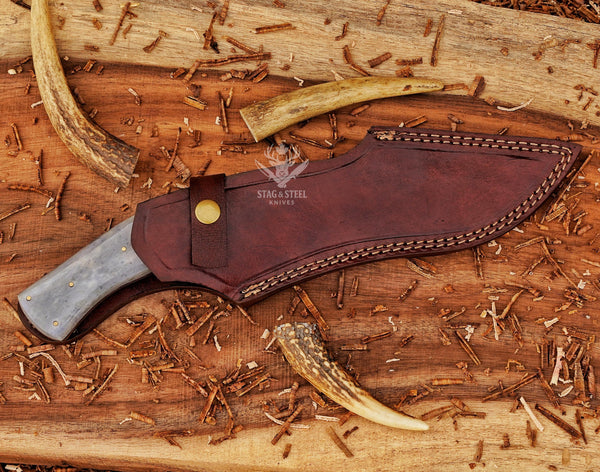 Kukri Knife | Damascus Kukri Bowie Knife with Leather Sheath