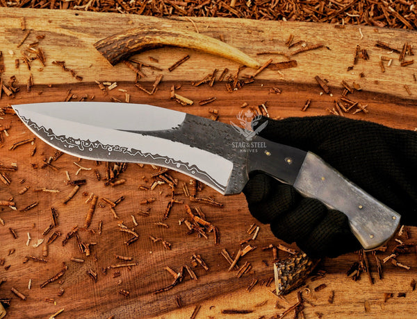 D2 Steel Handmade Damascus Bowie Knife: Tinted Bone Handle, Leather Sheath