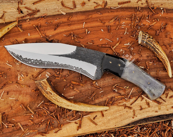 D2 Steel Handmade Damascus Bowie Knife: Tinted Bone Handle, Leather Sheath