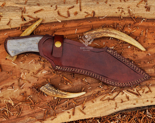 D2 Steel Handmade Damascus Bowie Knife: Tinted Bone Handle, Leather Sheath