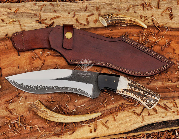 D2 Steel Handmade Bowie Knife: Stag Horn Handle, Leather Sheath