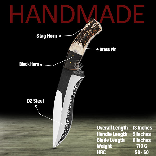 D2 Steel Handmade Bowie Knife: Stag Horn Handle, Leather Sheath