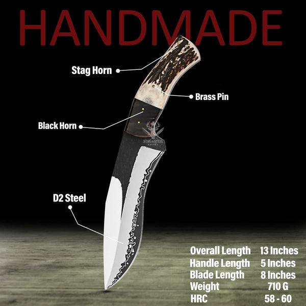 Kukri Bowie Knife - Hand Forged D2 steel knife with leather sheath