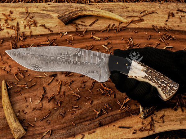 D2 Steel Handmade Bowie Knife: Stag Horn Handle, Leather Sheath