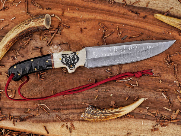 Custom Damascus Hunting Knife – Wolf Engraved handle