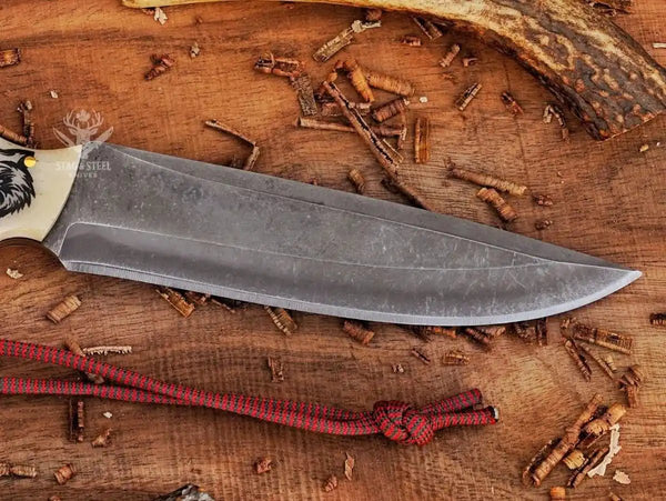 Custom D2 Hunting Knife Wolf Engraved handle & leather sheath