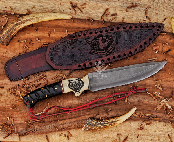 Hand Forged D2 Steel Knife: BlackHorn & RamHorn Handle, Wolf Sheath
