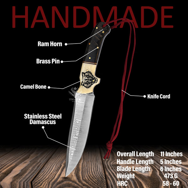Custom Damascus Hunting Knife – BlackHorn+RamHorn Handle – Handmade Engraved Wolf Sheath – Full Tang