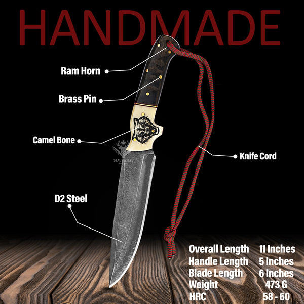 Hand Forged D2 Steel Knife: BlackHorn & RamHorn Handle, Wolf Sheath