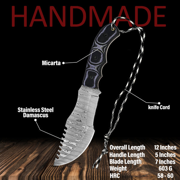 Custom Tracker Knife – Tom Brown-Inspired Stainless Steel Damascus, Grey Micarta Handle, Dual-Wear Leather Sheath