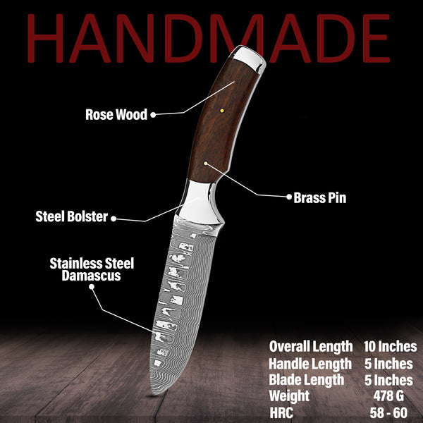 Bushcraft Knife | Stainless Damascus Steel Blade | Ironwood Handle | SS Bolsters & Leather Sheath