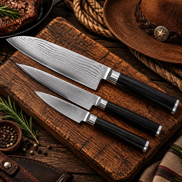 3-piece Damascus kitchen knife set including chef knife, utility knife, and paring knife with black handles