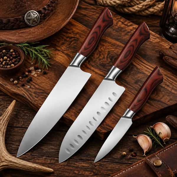 3-piece kitchen knife set including chef knife, Santoku knife, and paring knife with dark wooden handles on a rustic cutting board