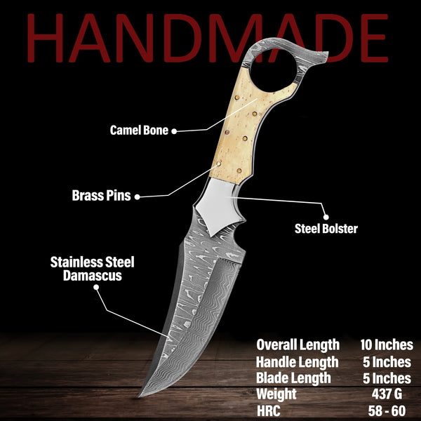 Custom Ringtail Hunting Knife – Camel Bone Handle – Stainless Damascus Blade with Maple Leaf Sheath