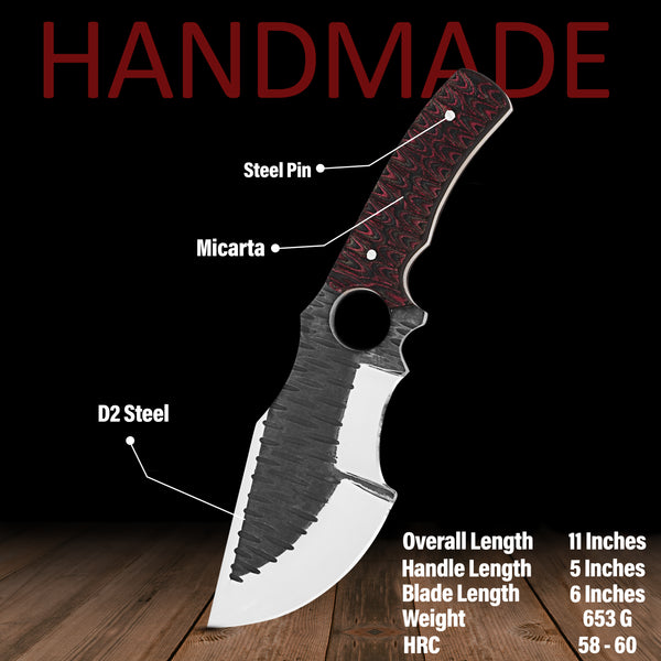 Custom D2 Tracker knife | Full Tang | Red Micarta Handle | Bushcraft Tool + Leather Sheath