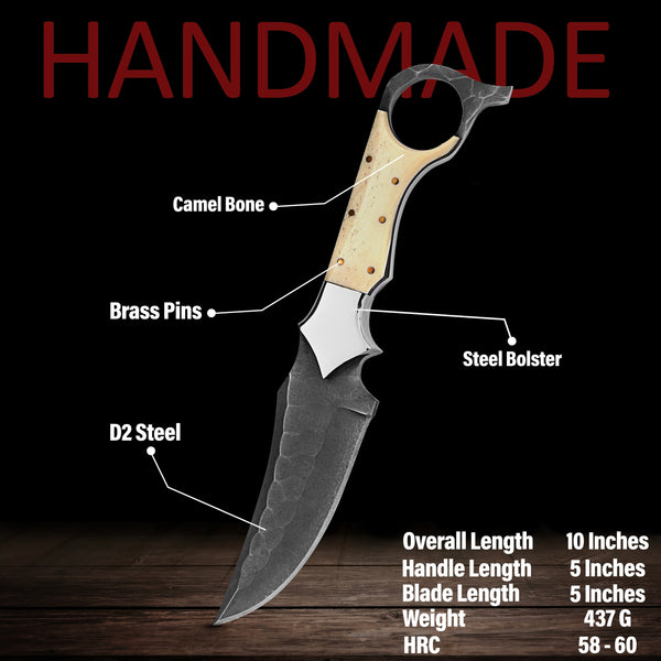 Handmade D2 Hunting Knife | Ringtail Grip | Camel Bone Handle