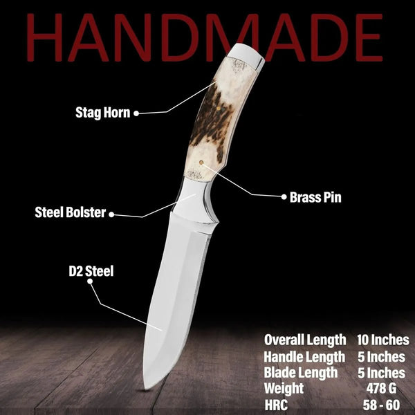 D2 Steel Hunting Bushcraft Knife: Mirror Polish Blade