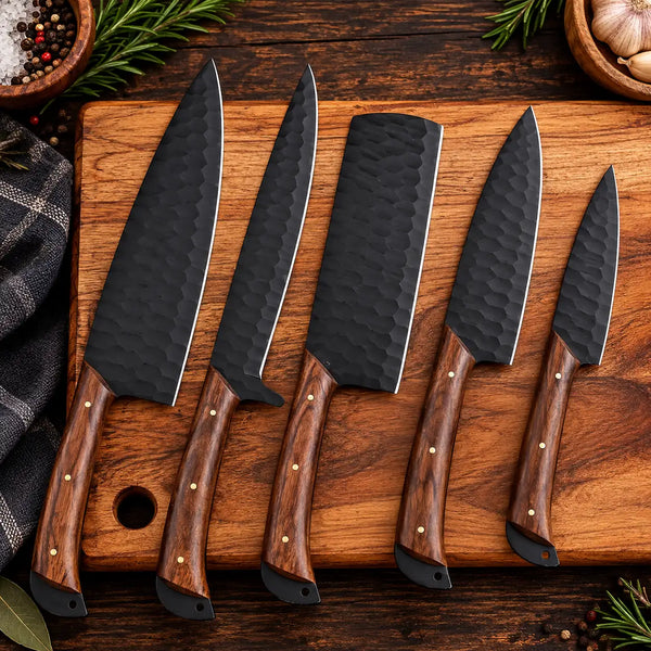 Five-piece hammered black chef knife set with wood handles and brass pins