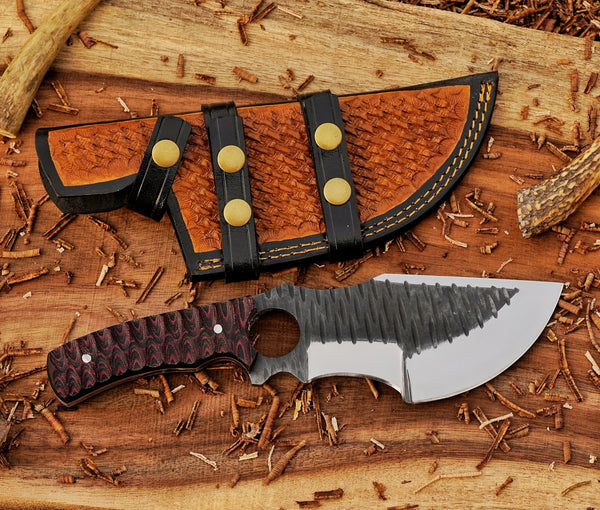 Custom D2 Tracker knife | Full Tang | Red Micarta Handle | Bushcraft Tool + Leather Sheath