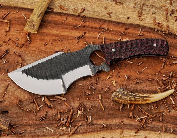 Custom D2 Tracker knife | Full Tang | Red Micarta Handle | Bushcraft Tool + Leather Sheath