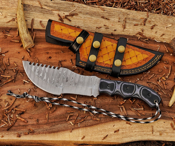 Custom Tracker Knife – Tom Brown-Inspired Stainless Steel Damascus, Grey Micarta Handle, Dual-Wear Leather Sheath