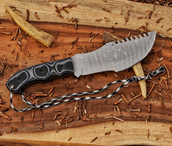 Custom Tracker Knife – Tom Brown-Inspired Stainless Steel Damascus, Grey Micarta Handle, Dual-Wear Leather Sheath