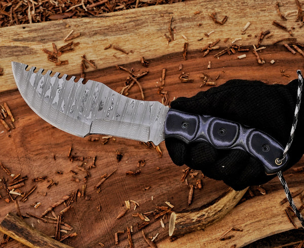 Custom Tracker Knife – Tom Brown-Inspired Stainless Steel Damascus, Grey Micarta Handle, Dual-Wear Leather Sheath