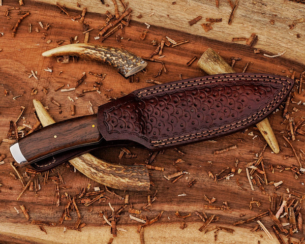 Bushcraft Knife | Stainless Damascus Steel Blade | Ironwood Handle | SS Bolsters & Leather Sheath
