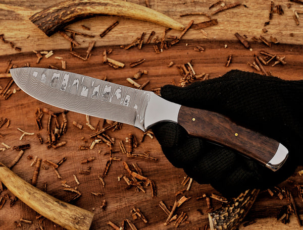 Bushcraft Knife | Stainless Damascus Steel Blade | Ironwood Handle | SS Bolsters & Leather Sheath