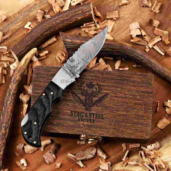 Black Handle EDC Damascus Pocket Knife Forged 1095/15N20 Folding Blade