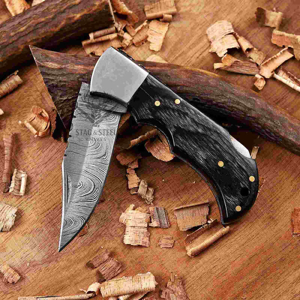 Black Handle EDC Damascus Pocket Knife Forged 1095/15N20 Folding Blade