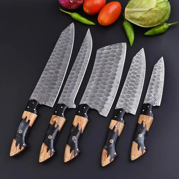 Damascus kitchen knife set with black pearl resin and ash wood handles