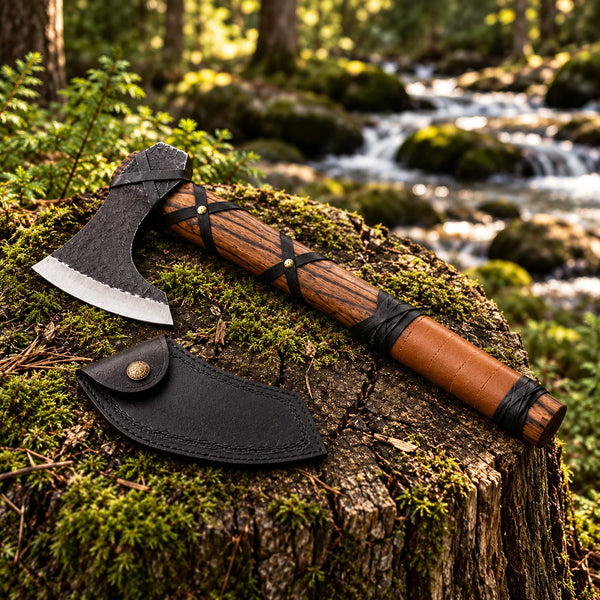 Custom engraved wood handle on a hand-forged bearded hatchet
