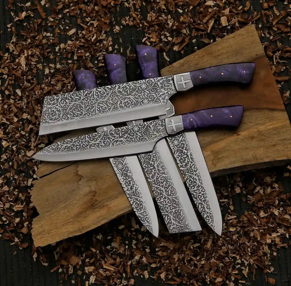 Handmade Damascus-style J2 kitchen knife set with purple resin handles