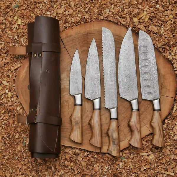 Five Damascus Kitchen Knives with Natural Ash Wood Handles