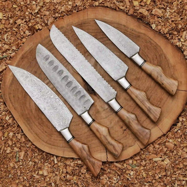 Damascus Bread Santoku Chef Utility and Cleaver Knife Set