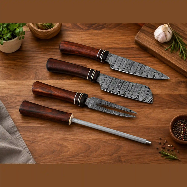 Four-Piece Damascus Barbecue Carving Knife Kit