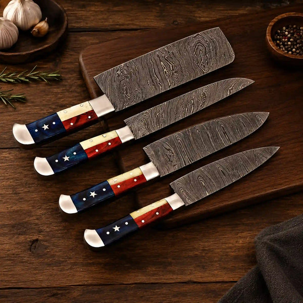Damascus Kitchen Knife Set 4 Piece Texas Flag Handle