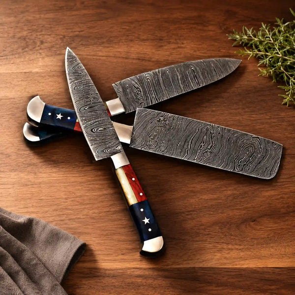 Four Damascus Kitchen Knives with Texas Flag Handles