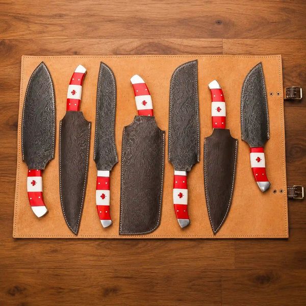 Damascus Kitchen Knife Set 7 Piece Canada Flag Handle