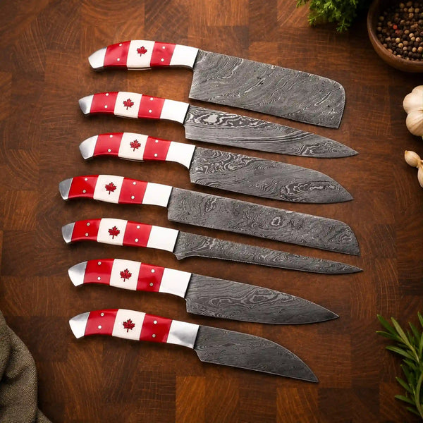 Canada Flag Damascus Knife Set with Maple Leaf Emblems
