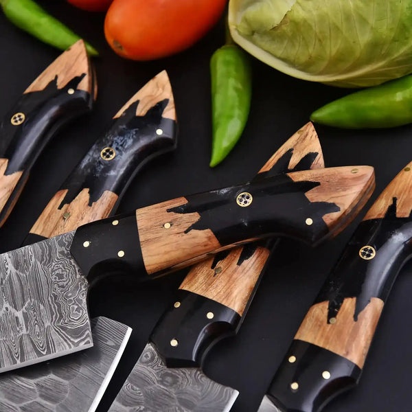 Premium Damascus kitchen set with black pearl resin ash wood handles
