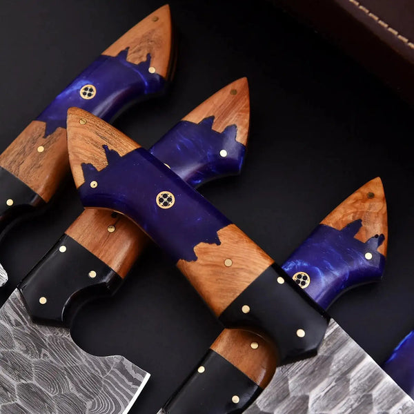 Damascus kitchen knife set with handcrafted purple resin ash wood handles