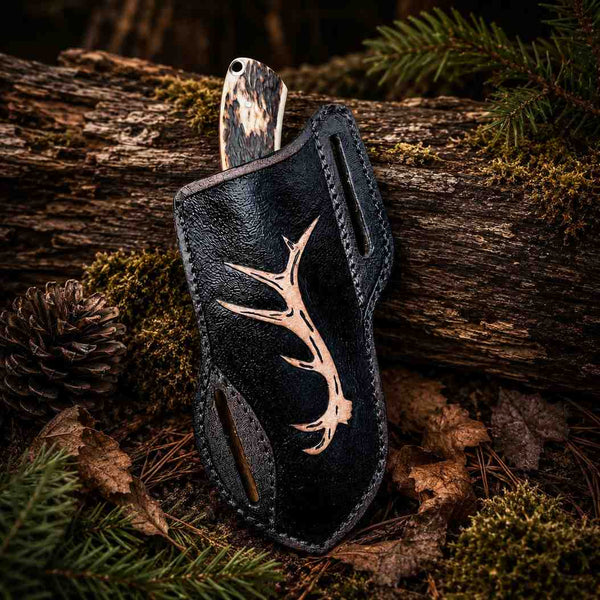 Black leather knife sheath featuring a laser-engraved tan antler design, resting on a rustic forest backdrop of pine needles and moss.