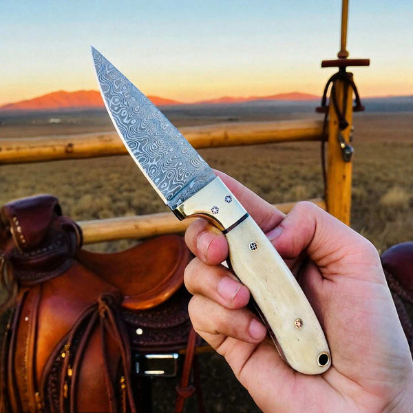 A hand holding a Damascus steel fixed-blade knife with a light-colored handle, set against a rustic outdoor background featuring a leather saddle and a wooden fence at sunset.