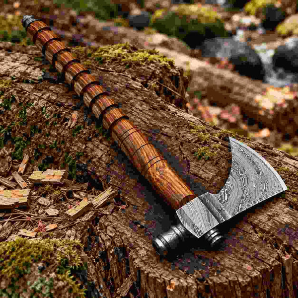 Hand-forged Damascus bushcraft axe with a wooden handle for outdoor use