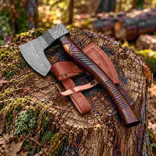 Hand-forged Damascus steel axe with rosewood handle