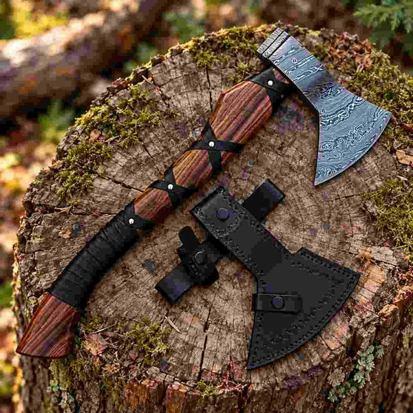 Hand-forged Viking hatchet with a Damascus steel head and leather wrap