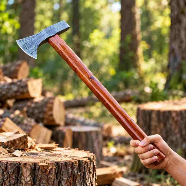 Hand-forged Damascus Viking tomahawk axe with leather sheath
